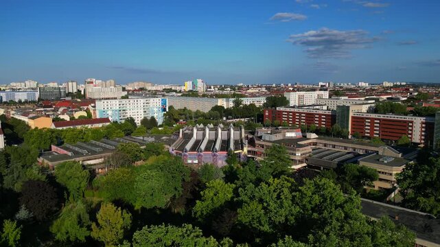 abandoned indoor swimming pool Sez Berlin. Fabulous aerial view flight drone