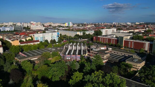 abandoned indoor swimming pool Sez Berlin. Stunning aerial view flight drone