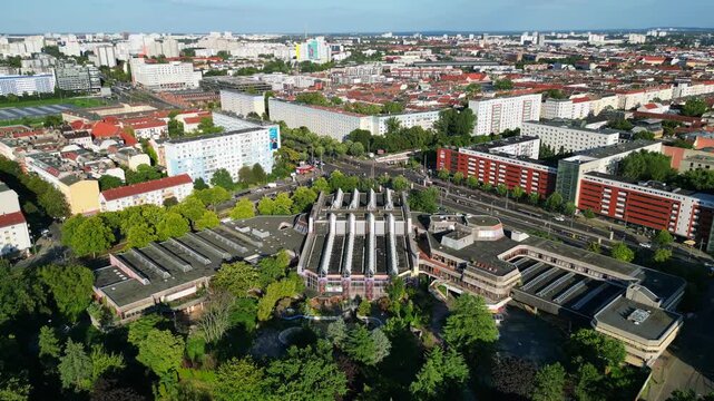 abandoned indoor swimming pool Sez Berlin. Great aerial view flight drone