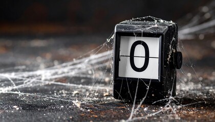 Old timer covered in dust and cobwebs displays zero, symbolizing forgotten time and the passage of years in an abandoned space