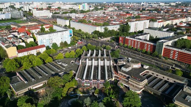 abandoned indoor swimming pool Sez Berlin. Magic aerial view flight drone