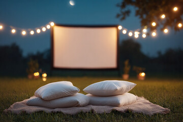 Outdoor movie night with pillows and string lights, set against a screen under the moonlit sky, invites relaxation and enjoyment.