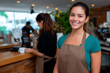 Latina barista smiling in sustainable coffee shop wearing apron