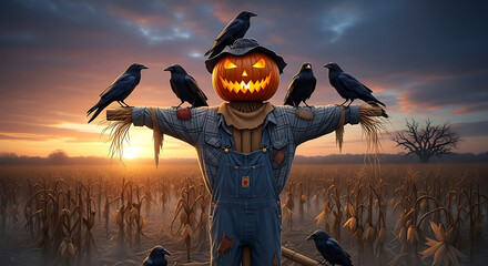 A scarecrow with a pumpkin head surrounded by crows in a field at sunset halloween theme