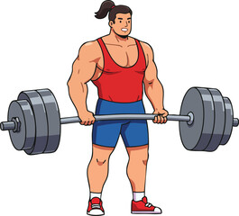 Fototapeta premium Muscular man lifting heavy barbell with weights fitness strength training exercise vector illustration 