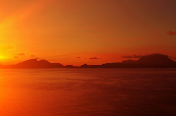 Sunset over islands in the Caribbean