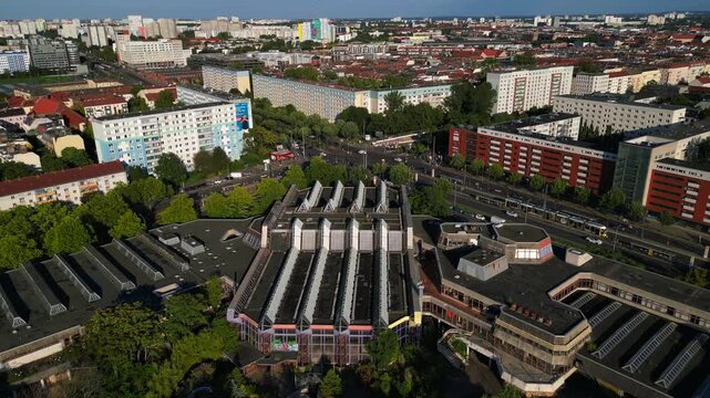 abandoned indoor swimming pool Sez Berlin. Wonderful aerial view flight drone
