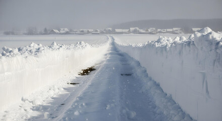 Obraz premium Snowy rural path leading to a distant village under heavy snowfall