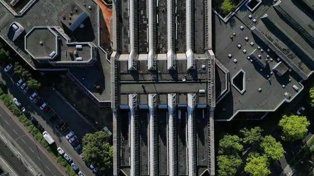 abandoned indoor swimming pool Sez Berlin. Majestic aerial view flight drone