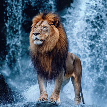 Lion standing in the mist of a waterfall, water spraying around its muscular frame, mythic and awe-inspiring presence, copy space. 