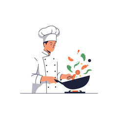 Focused male chef in a white uniform skillfully tossing fresh vegetables in a wok.