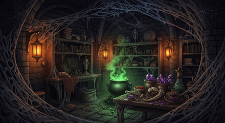 A witch's lair filled with potions, books, and a bubbling cauldron surrounded by spiderwebs