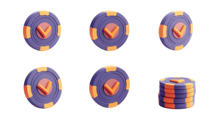 Set of purple and orange 3D validation tokens with a glossy checkmark icon shown individually and stacked.