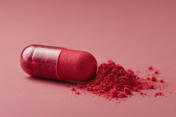 A translucent capsule filled with red powder lies alongside a pile of the same vibrant powder on a solid matching background.