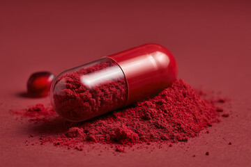 Close-up of a vibrant red capsule and powder, highlighting supplement formulation and potential dietary benefits, on a solid, matching background.