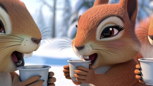 adorable cartoon squirrels with cup of tea in winter, 3d animation