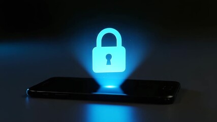 Digital security is represented by glowing hologram lock displayed on mobile phone screen, indicating data protection. - Powered by Adobe