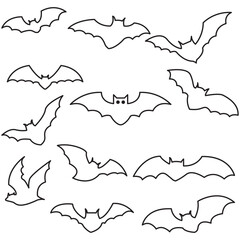 Collection of silhouetted bats in various flying poses against a white background for halloween or spooky themes
