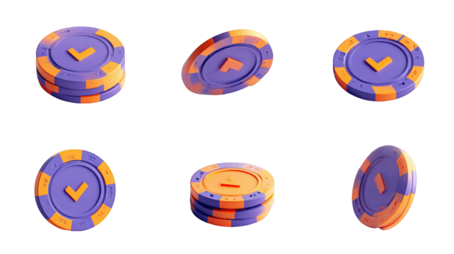 Set of purple and orange 3D casino-style chips with a checkmark symbol shown in stacks and single poses.