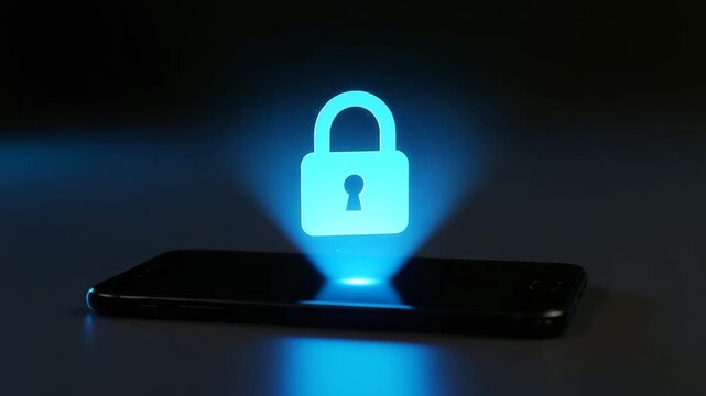 Digital security is represented by glowing hologram lock displayed on mobile phone screen, indicating data protection. - Powered by Adobe