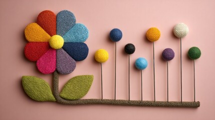 Colorful flower and  decorative spheres on a pink background.
