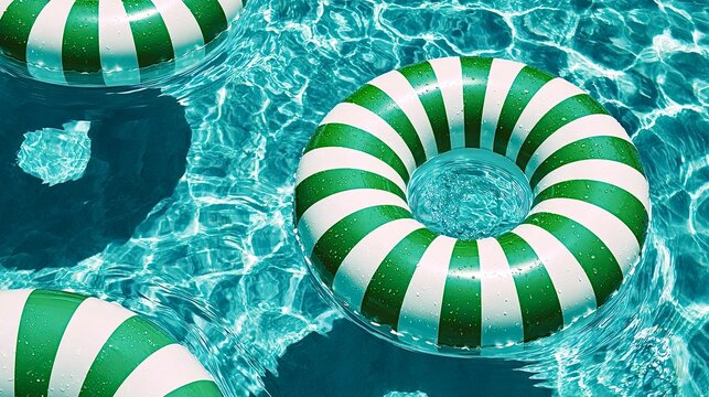 Green and white inflatable rings floating on turquoise water