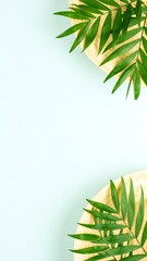 Light pastel background with light brown/beige plates and tropical leaves
