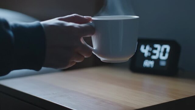 Early Morning Routine - A Persons Hand Holding a Hot Coffee Mug by a Digital Clock at 4 -30 AM.