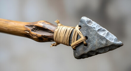 Close-up of a hand-crafted primitive hunting spear with stone tip and natural bindings