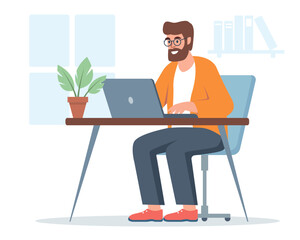 Handsome man working on laptop computer. Freelancer or remote employee at workplace. Online education, communication, chatting in social media and working. Vector illustration.