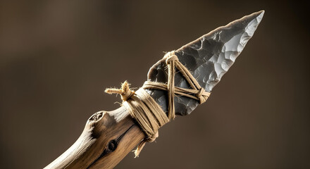 Close-up of a hand-crafted primitive hunting spear with stone tip and natural bindings