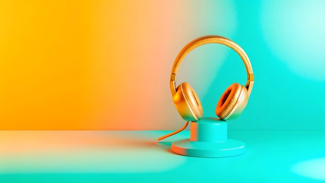 Stylish Gold Headphones on Teal Stand Gradient