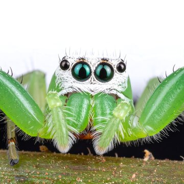 Close-up of a vibrant green jumping spider