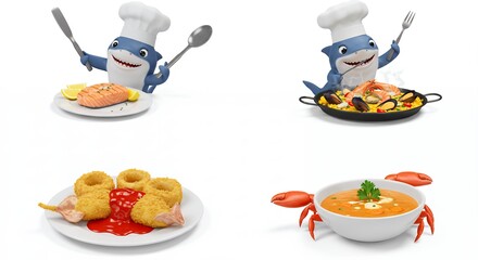 Cartoon shark chef serves delicious seafood dishes