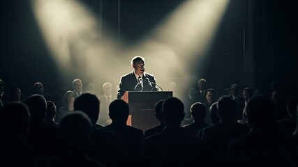 Confident speaker delivering powerful keynote speech at large conference event under dramatic stage lighting for business presentation