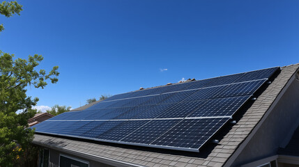 Fototapeta premium Rooftop solar panel array on a residential building in a sunny suburban neighborhood, clear blue sky