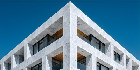 Modern minimalist marble building with sharp geometric lines under a clear blue sky, captured from a low angle to emphasize symmetry and architectural precision.
