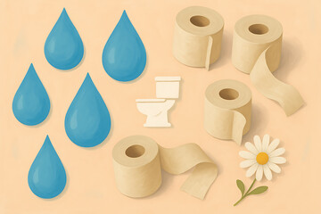 World toilet day illustration with toilet rolls blue water drops flower and clean sanitation awareness for global hygiene