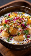 Pakistani dahi bhalla chaat yogurt chutneys and spices served in bowl colorful South Asian street snack food stock photography concept