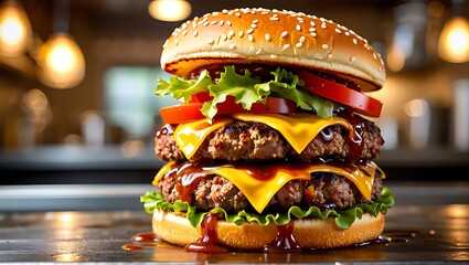Delicious double cheeseburger with fresh ingredients and savory sauce on wooden surface perfect for restaurant promotion and food photography projects advertising culinary delights