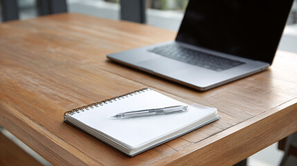 Simple contemporary meeting arrangement with blank notepad and closed unbranded laptop placed on sleek wooden table, neutral minimalist backdrop