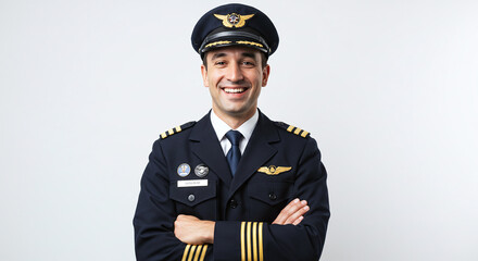 Portrait of a smiling pilot in uniform with arms crossed against a plain white background studio shot