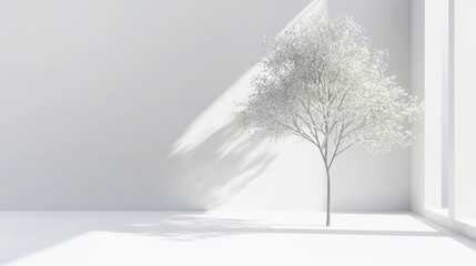 A simple, white studio scene with a tree, perfect for showcasing products.  3D rendered.
