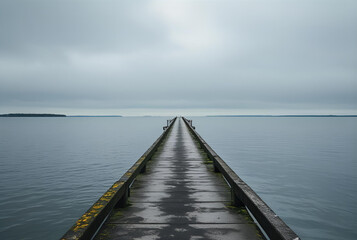 Obraz premium A long, wet wooden pier stretching to the horizon on a moody, overcast day