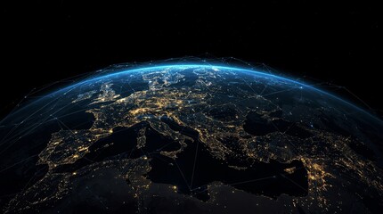Satellite style digital illustration of Earth from space at night with glowing city lights and network connections over Europe, futuristic global communication technology concept