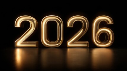 Year 2026 Illuminated in Golden Light With a Shiny Reflective Surface in a Dark Setting