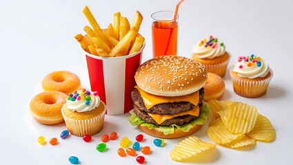 Selection of Unhealthy Fast Food Items Featuring a Double Cheeseburger Fries Cupcakes Donuts and Soda Against a White Background