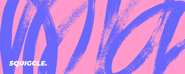 Grainy blue curved bold brush strokes background. Spray paint effect squiggly smear. Hand drawn vector background for posters or banners. Graffiti style pink template with blue noisy lines.