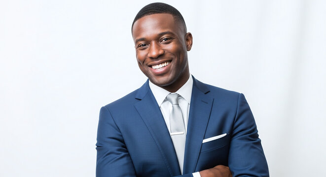 Portrait of a smiling african american man in a blue suit with a white background looking forward - Powered by Adobe