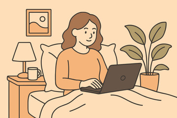 Woman working on laptop in bed with cozy bedroom background